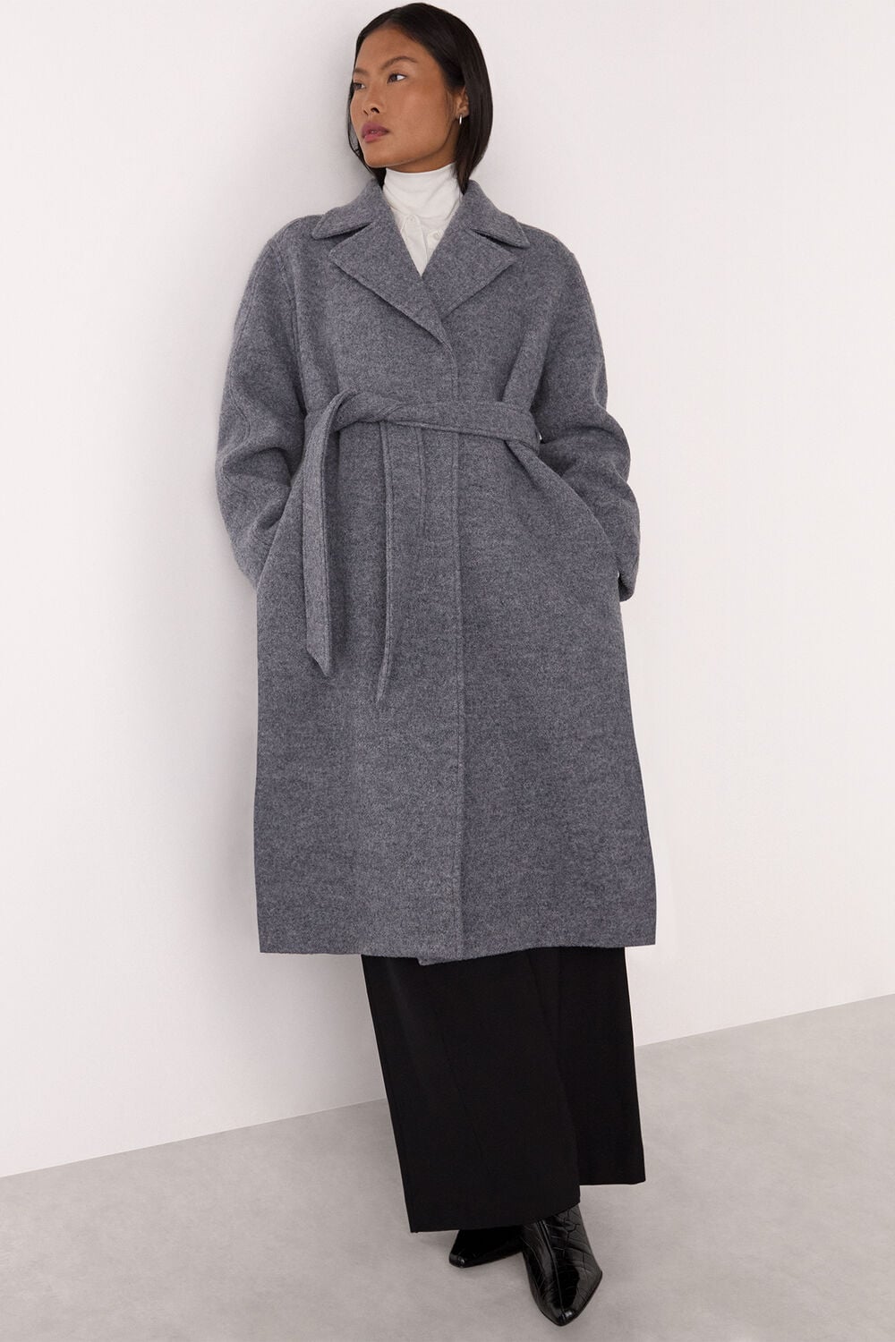 Grey Petite Long Belted Wool Coat